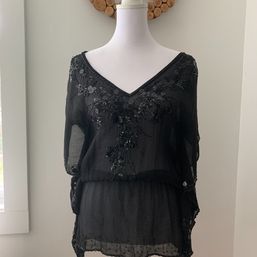 NWOT Vintage bebe Black Silk Sheer beaded shirt size S